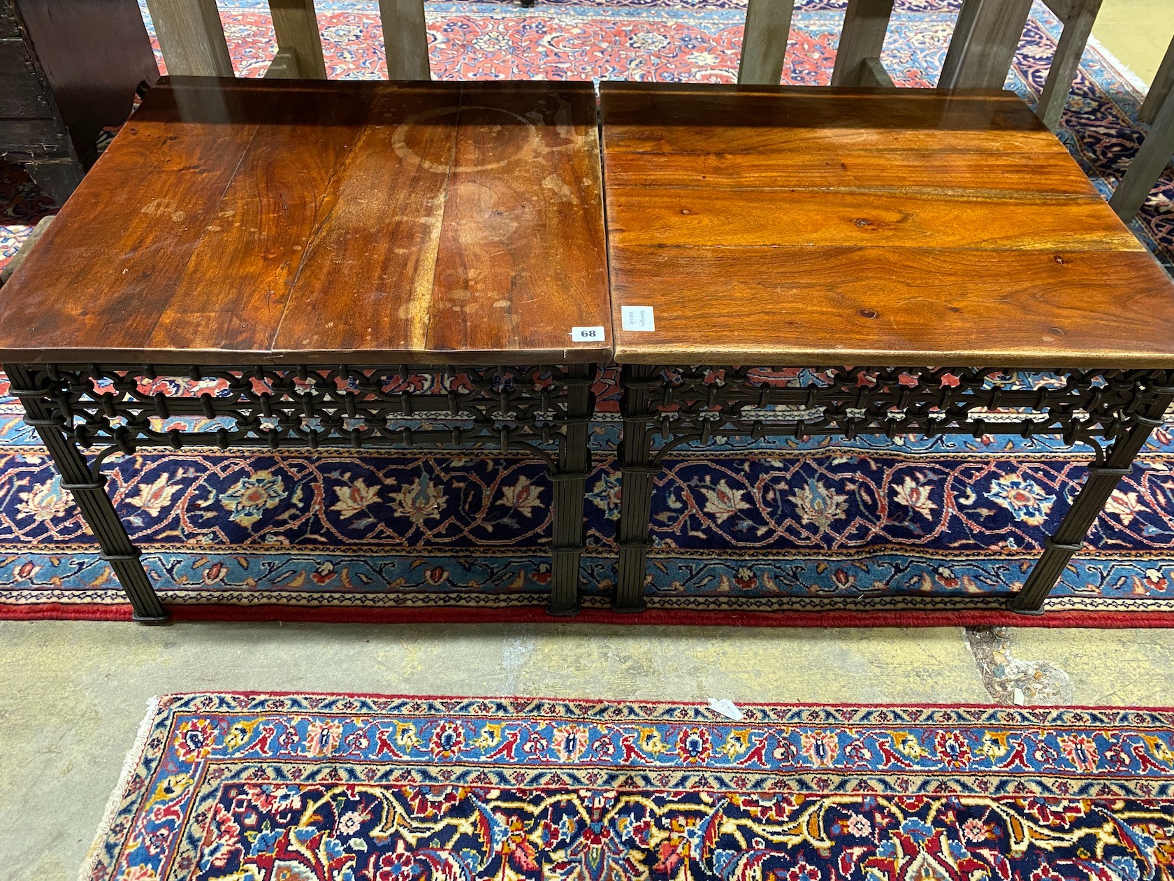 A pair of contemporary hardwood and cast metal square occasional tables, width 60cm, height 47cm